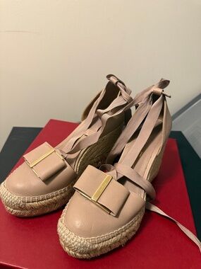 Salvatore Ferragamo Blush Tan Wedge Espadrille with Bow and Gold Accent